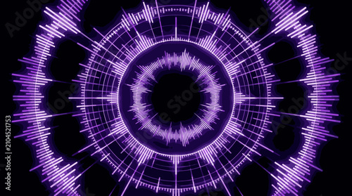 Abstract purple sound waves visualization, digital audio equalizer spectrum, modern music technology background, vibrant graphic design element.