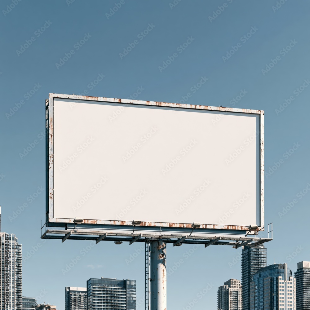 Obraz premium Blank urban billboard in Toronto offering advertising space. Empty outdoor billboard structure in a city against a clear sky, ready for new advertisement