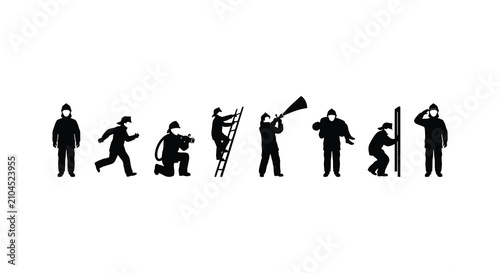 фотографія Firefighter silhouettes in various action poses against a plain white background