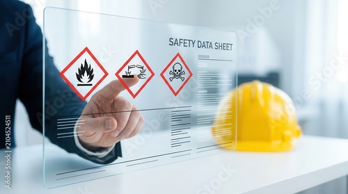 Professional reviewing Safety Data Sheet hazard symbols on a transparent interface near a hard hat.