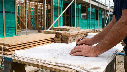 Construction worker reviewing blueprints on a building site with wooden planks and insulation in the background