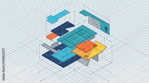 Isometric blueprint illustration of exploded view of abstract object on grid background for designers