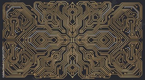 Intricate Golden Circuit Board Pattern on Dark Background Abstract Technology Design
