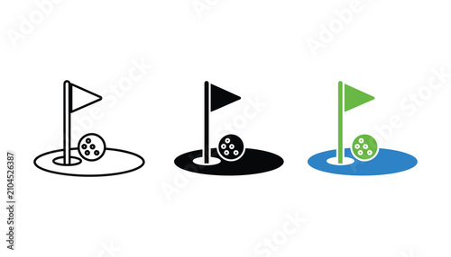 Tableau sur toile Golf ball on putting green with flag icon set featuring line art solid black and