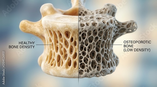 Medical visualization of bone density showing healthy structure and osteoporotic porous texture.