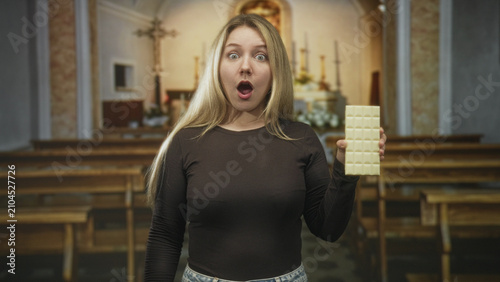 Foto Woman holding white chocolate bar in hand, mouth open and eyes wide, blonde hair visible, church altar and pews behind in a building; surprise curiosity