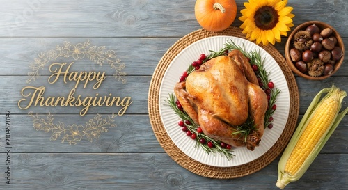 Roasted turkey on rustic wooden platter for Thanksgiving dinner. Festive holiday feast centerpiece with autumn harvest vegetables and warm seasonal...
