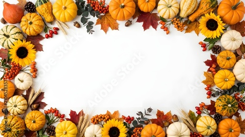 Autumn floral wreath with pumpkins and sunflowers for Thanksgiving. Hand-drawn harvest circle frame with fall leaves, gourds, and seasonal decor.