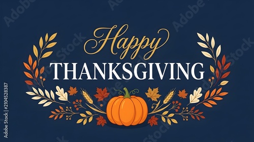 Happy Thanksgiving festive autumn wreath with pumpkin and leaves. Elegant holiday greeting banner for seasonal promotions and home decor.