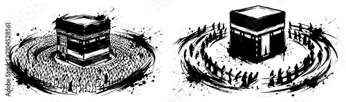 Canvastavla Kaaba sanctuary with circling crowd of believers in artistic black ink splatter