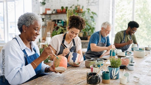 Friends Making Handmade Ceramic Planters in Community Studio
