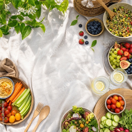 Colorful Plant Based Picnic Spread from Above