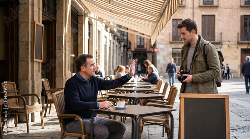 Cafe Terrace Privacy Gesture During Tourist Photo Attempt