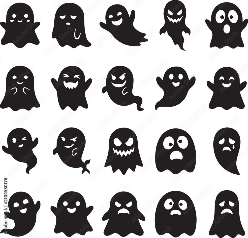Obraz premium Hand Drawn Halloween Ghost Bundle Set, Cute Spooky Ghost Silhouette Collection, Black Vector Clipart
