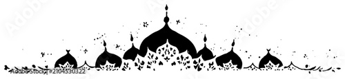 Fotografie Islamic mosque domes and minarets skyline with decorative floral patterns silhou