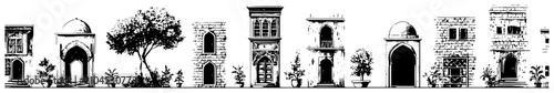 Foto Middle Eastern building facades and architectural archways in traditional ink sk