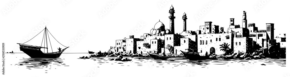 Obraz premium Coastal city with traditional dhow boat and minarets in ink sketch style