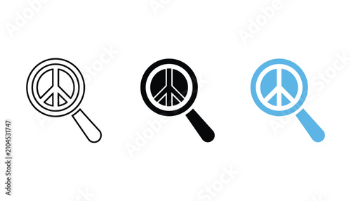 Tableau sur toile Peace sign search icon featuring magnifying glass over pacifist symbol in outlin
