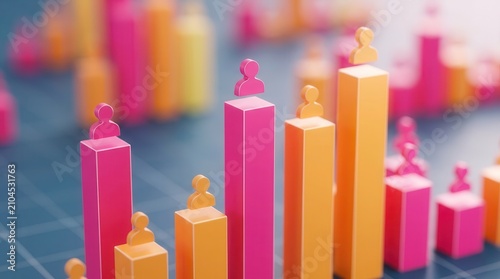 Gender demographic infographic showing higher life expectancy for women using colorful 3D bars.