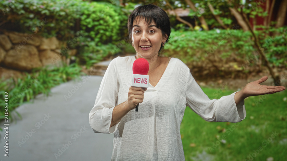 Fototapeta premium Woman holding red microphone with hands, smiling and gesturing beside a park path with trees and rocks on street; informative community update.