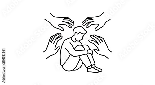 Fotografía Person Surrounded By Hands Black Line Drawing On White Background