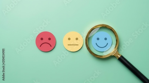 Magnifying glass examining satisfied feedback icons to show an excellent review result.