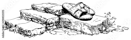 Quadro su tela Leather sandals sitting on ancient stone steps in hand drawn sketch style