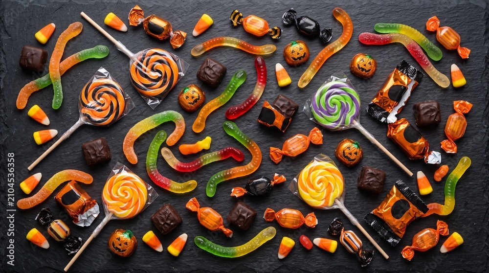 Naklejka premium Assortment of Halloween Candies Including Gummy Worms Lollipops Chocolate and Candy Corn on Dark Slate