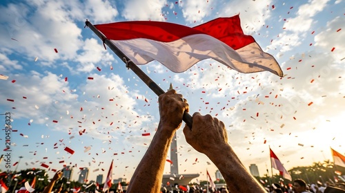 Indonesian independence day celebration waving flag and confetti in jakarta