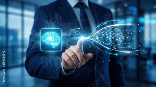 Digital interface showing machine learning, neural networks, and data mining concepts held by a businessman.
