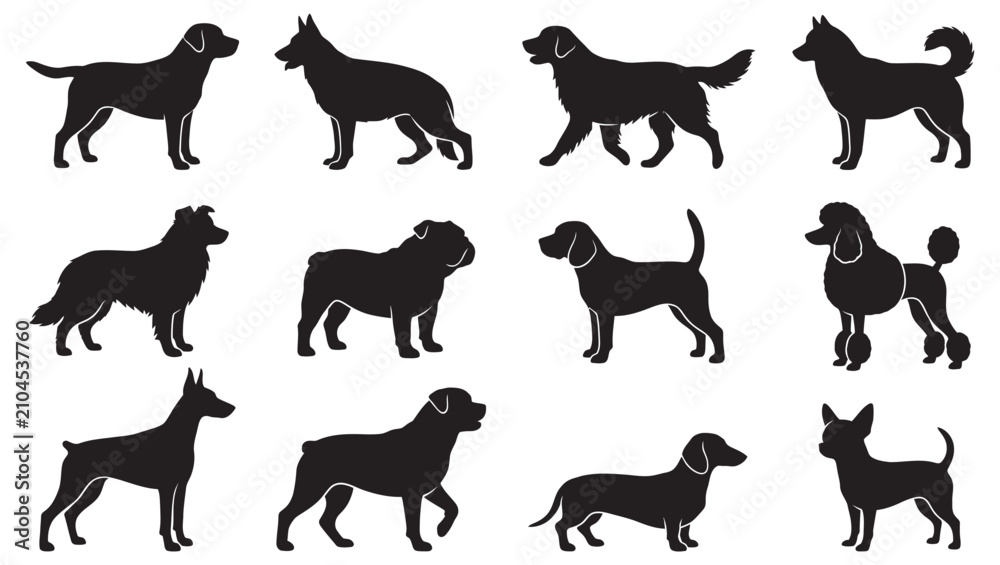Fototapeta premium Dog Breeds Silhouettes Vector Set Bundle
