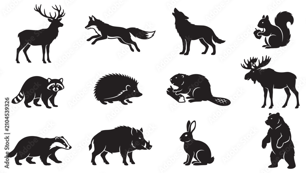 Obraz premium Woodland Animal Silhouettes Vector Icon Set Bundle