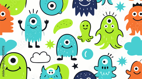 Cute monster seamless pattern, colorful cartoon alien background vector, playful kids fabric design with friendly creatures