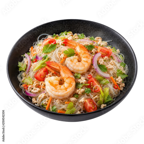 Shrimp Glass Noodle Salad with Vegetables in a Black Bowl
