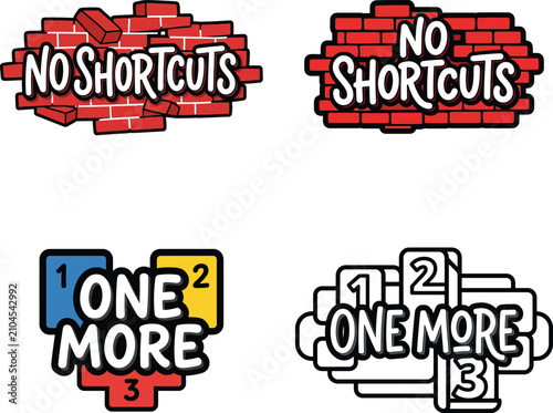 Cuadro en lienzo Motivational sticker set featuring no shortcuts and one more text with brick wal