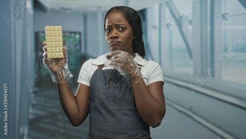 Foto Woman in apron holds up chocolate bar with gloved hand and exposed forearm, frowning in airport; skepticism product inspection