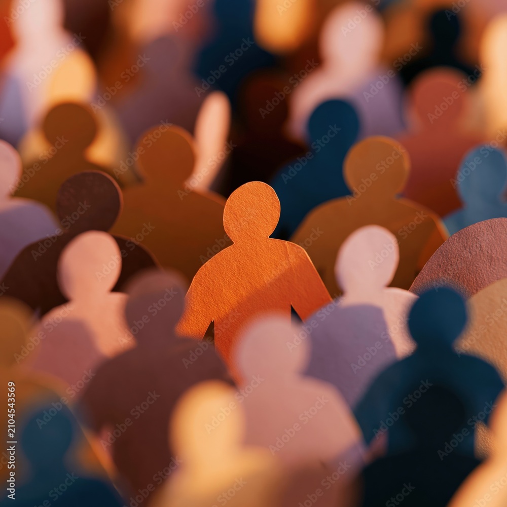 Obraz premium Paper figures crowd with a central orange silhouette for inclusion and standing out concept poster and background design