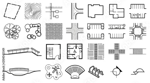Urban site plan symbols and accessibility infrastructure CAD vector icons