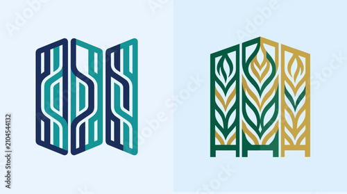 Two abstract folding screen icons, one with geometric blue lines and one with green and yellow leaf patterns. Both designs are on a light blue background.