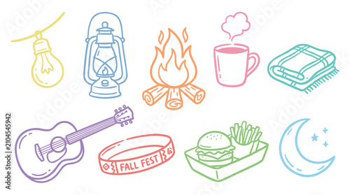 Collection of hand-drawn outline icons representing cozy outdoor activities, camping, and festival elements, perfect for seasonal design projects.