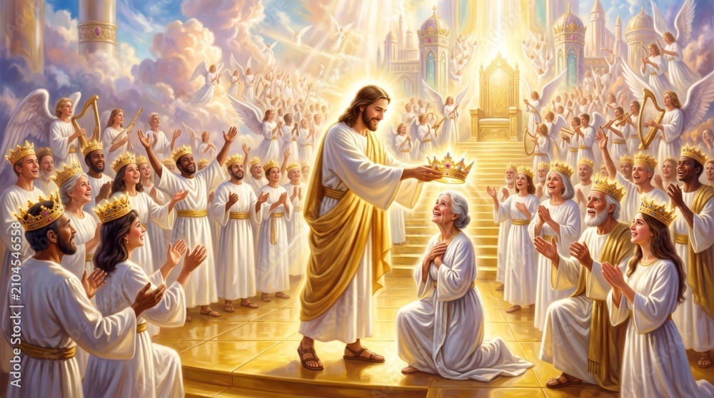 Obraz premium Jesus Christ placing a golden crown on a kneeling elderly woman in heaven surrounded by a celebratory choir of angels and redeemed people. Biblical scene of salvation and eternal life.