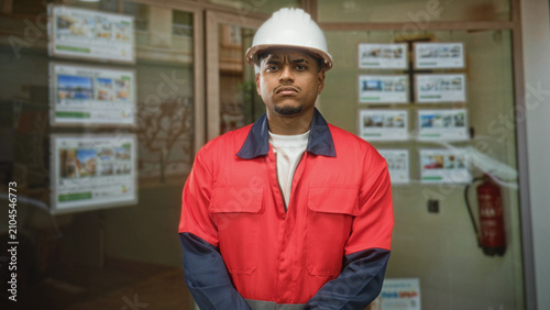 Photography Man with beard in white hard hat and red coverall looks left at storefront in building; quiet determination