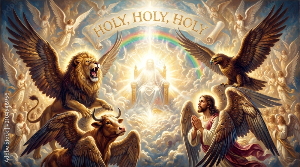 Obraz premium Jesus Christ sitting on a heavenly throne surrounded by four living creatures and angels in clouds. Biblical scene of divine glory and worship. Spiritual Christian religious concept.