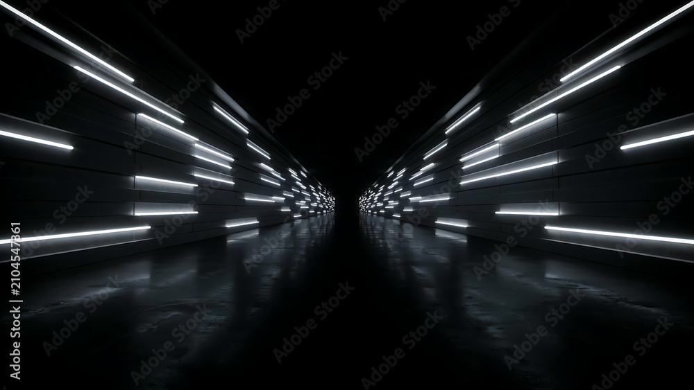 Obraz premium Futuristic corridor with illuminated rectangular lights dark and moody 3d rendering architecture