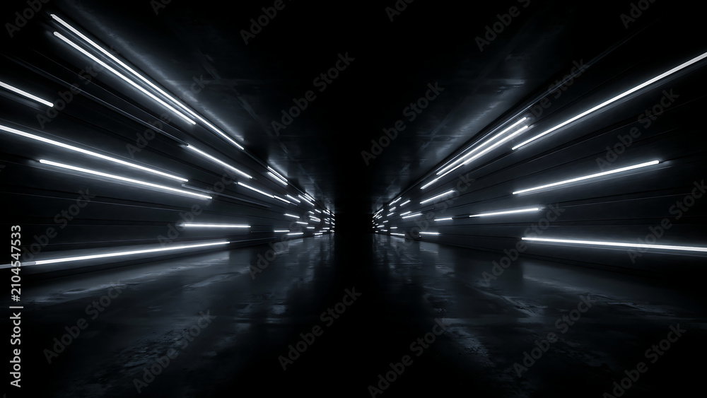 Obraz premium Futuristic corridor with illuminated rectangular lights dark and moody 3d rendering hallway