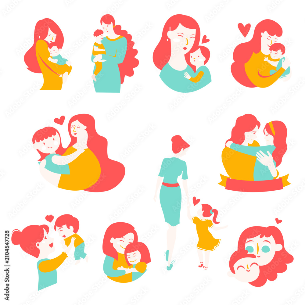 Fototapeta premium Motherhood illustration set with pregnant woman, mother hugging baby and happy family characters for Mother's Day design