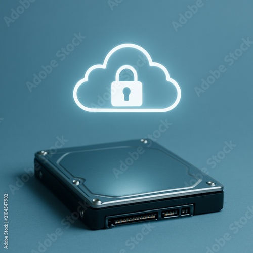 Secure cloud storage concept with hard drive and lock icon