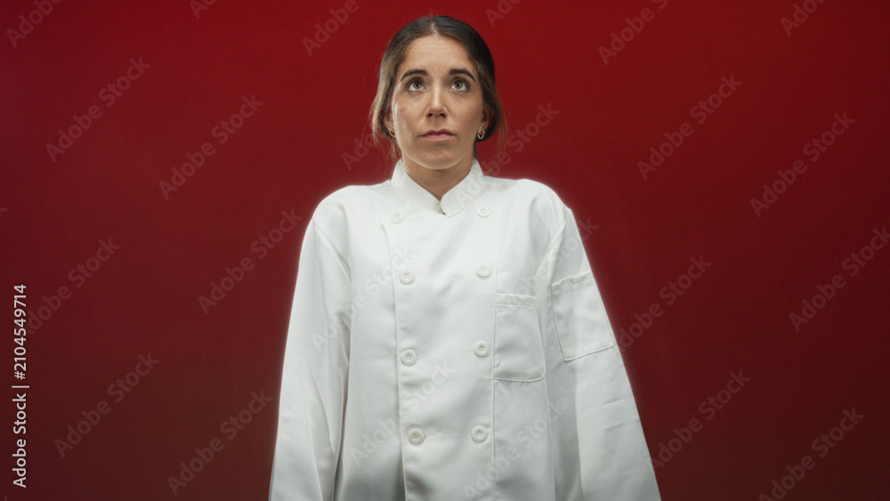 Fototapeta premium Chef woman in buttoned white coat shrugs shoulders in studio with deep red backdrop and minimal set; uncertainty.