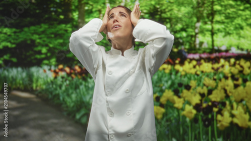 Foto Woman chef with hands on head and pleading gaze, standing on a forest path lined with yellow tulips and green trees; stress tension fatigue