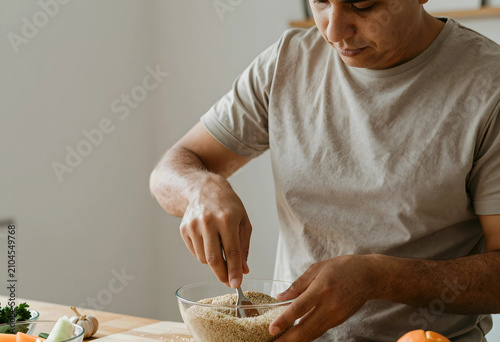 Man preparing healthy meal,...